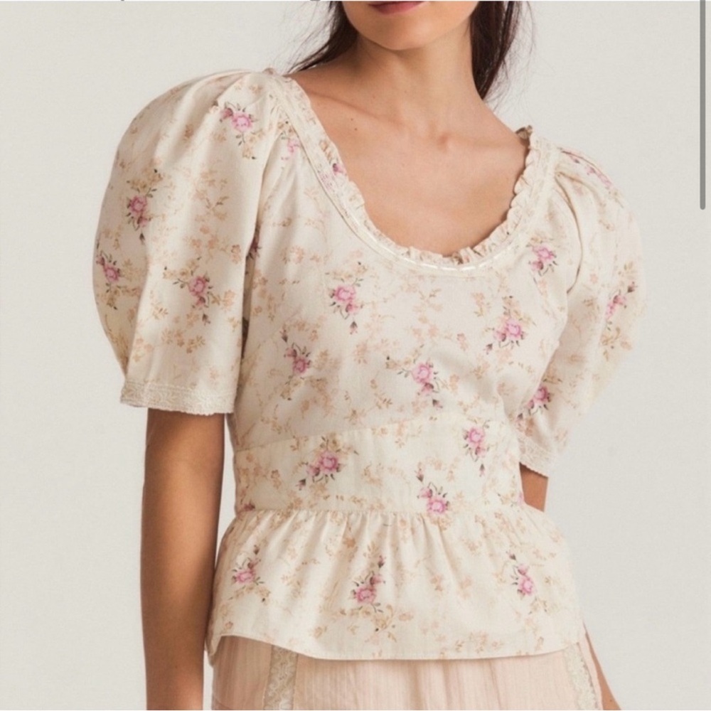 LoveShackFancy Cream Floral Puff Sleeve Peplum Top with Pink Roses